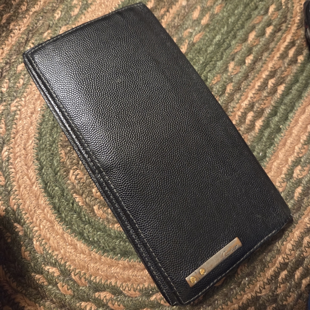 Cartier Santos Black Leather Wallet/ Checkbook with Gold Detail